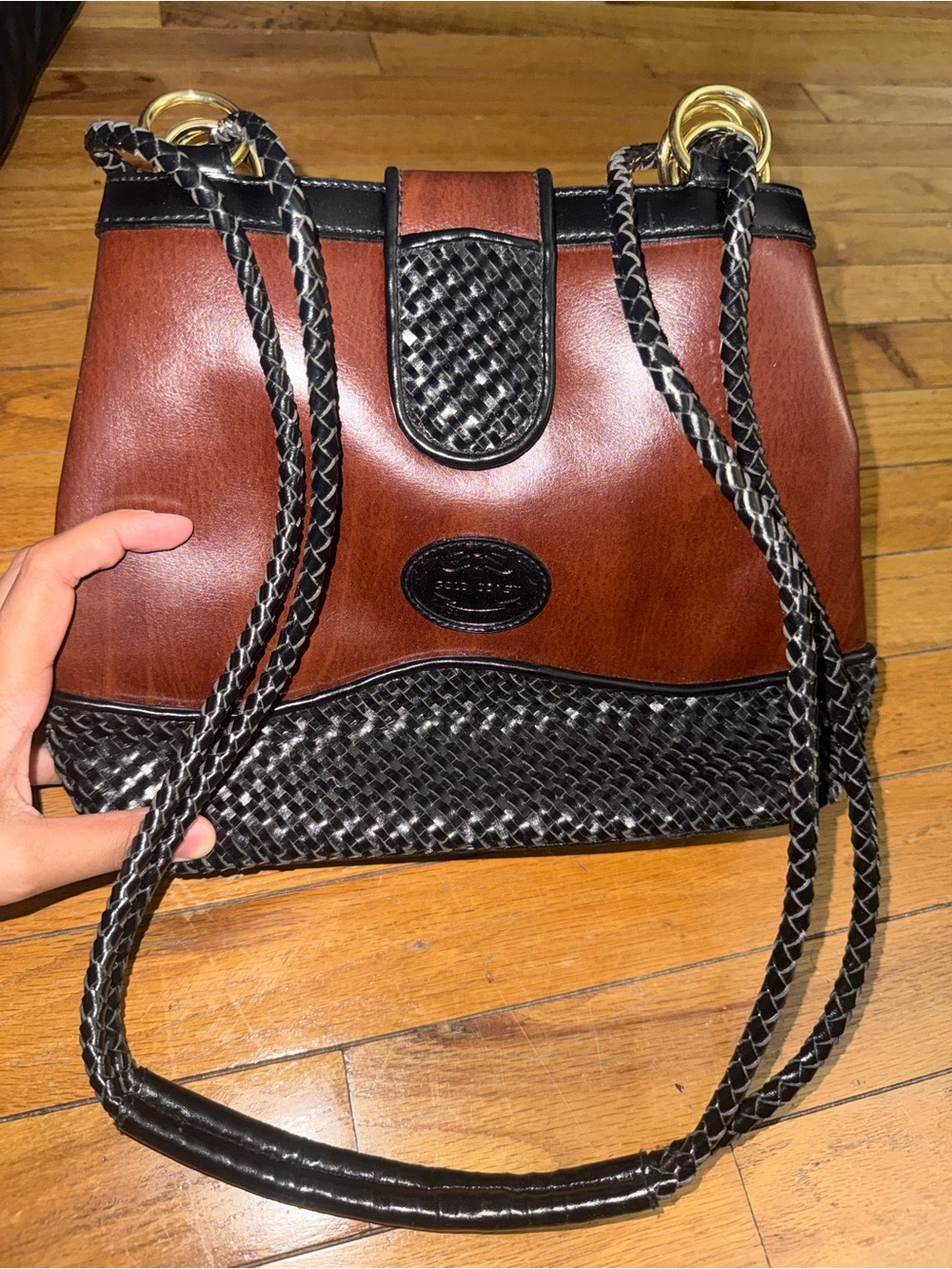 Classic Two-Tone Brown and Black Shoulder Bag with Braided Detail